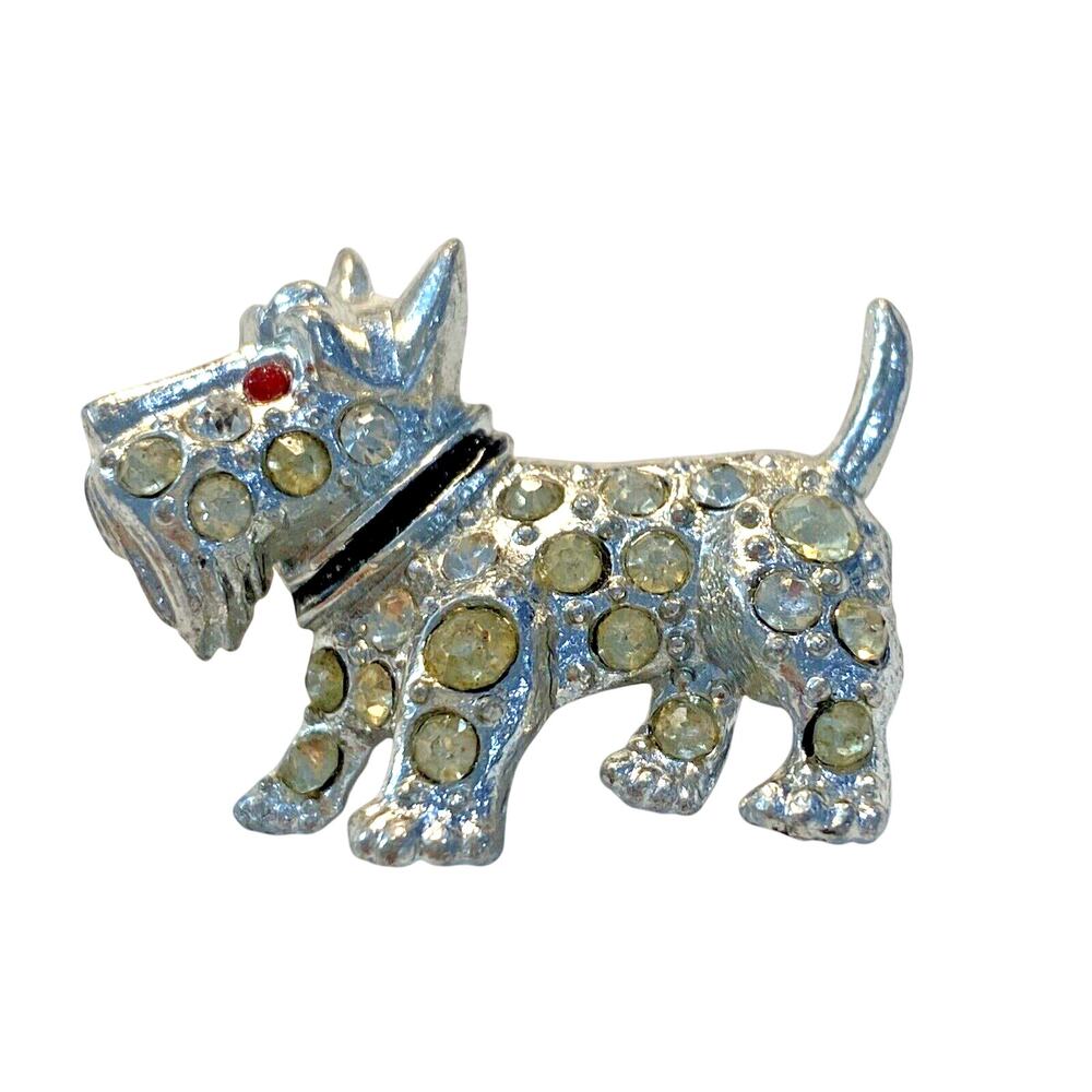 Vintage silvertone terrier pin rhinestone dog brooch black enamel doggie jewelry